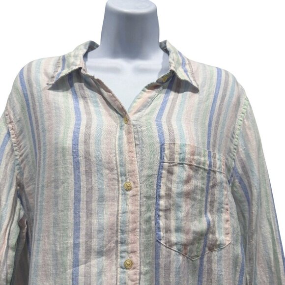 Gap Linen Pastel Striped Boyfriend Fit Button Up Top Beachy Boho Preppy Womens L - Picture 2 of 10